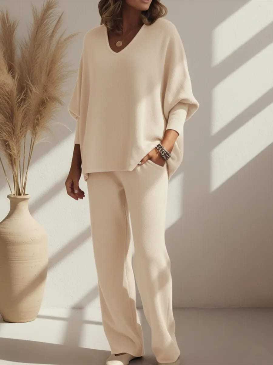 Ensemble 2 pièces tricoté : haut à manches longues col en V et pantalon décontracté