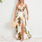 Robe longue sans manches col en V imprimé floral mode d'été avec ceinture et fente pour femme