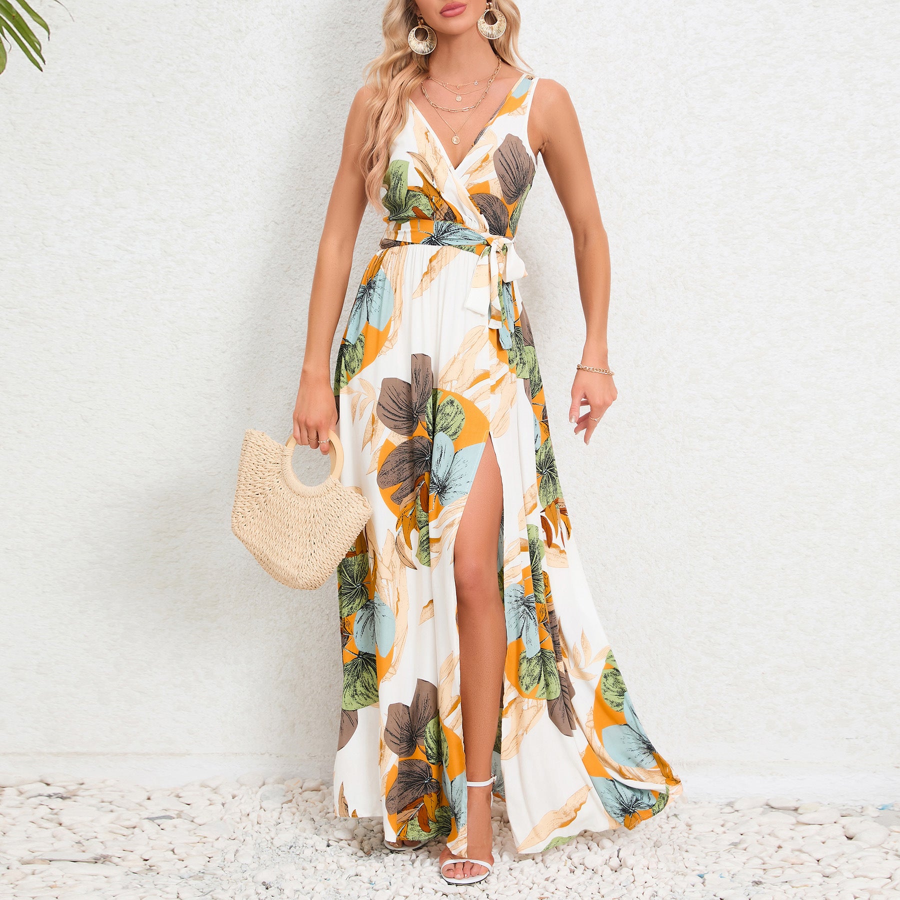 Robe longue sans manches col en V imprimé floral mode d'été avec ceinture et fente pour femme