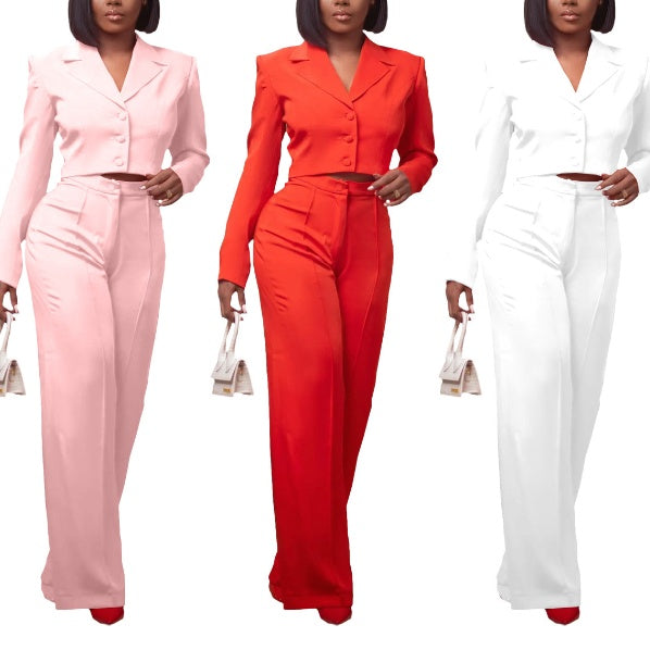 Ensemble deux pièces femme couleur unie, blazer court et pantalon large Main Image