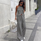 Ensemble deux pièces gilet licou à lacets sans manches et pantalon large pour femme