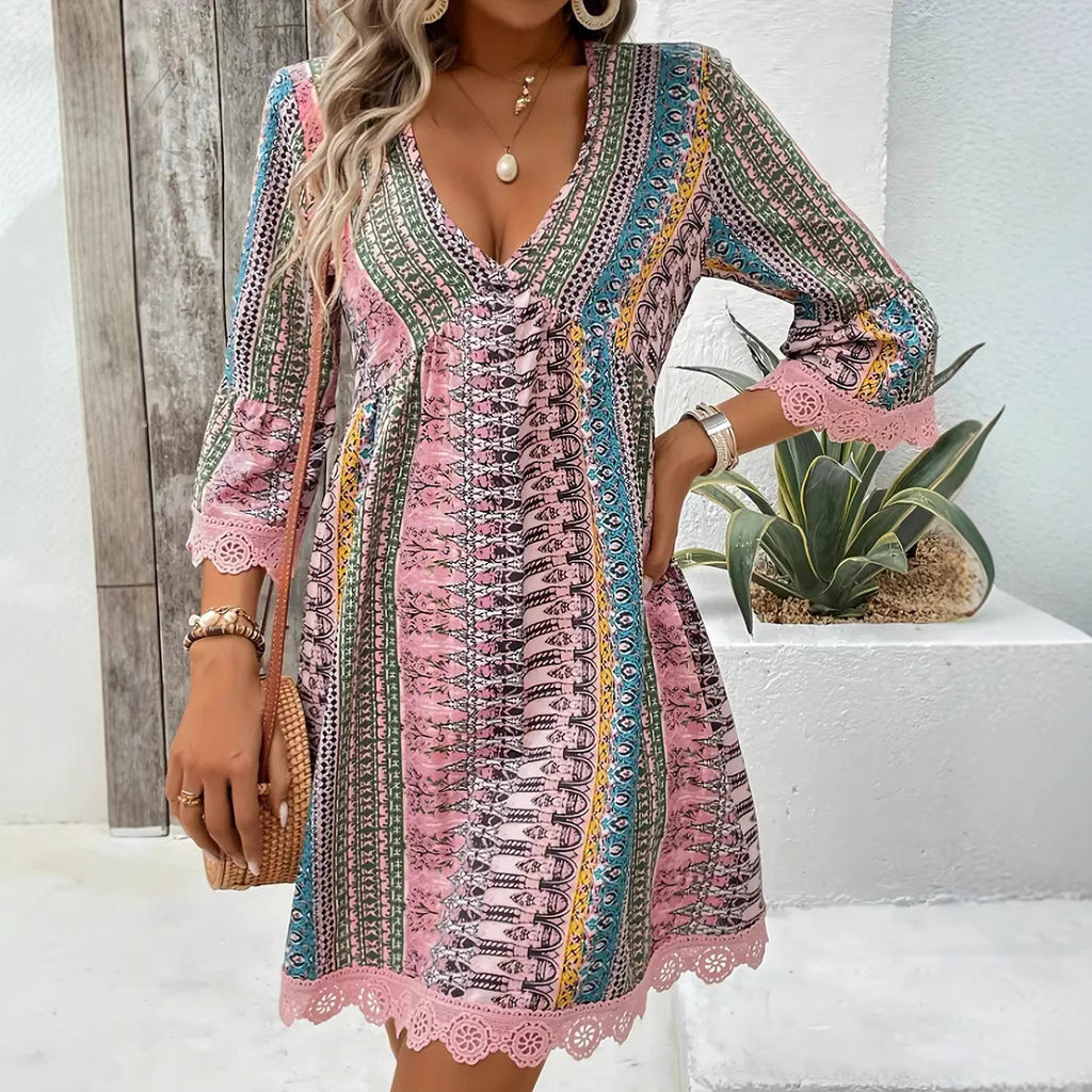 Robe bohème imprimée col en V, style décontracté pour femme