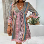 Robe bohème imprimée col en V, style décontracté pour femme