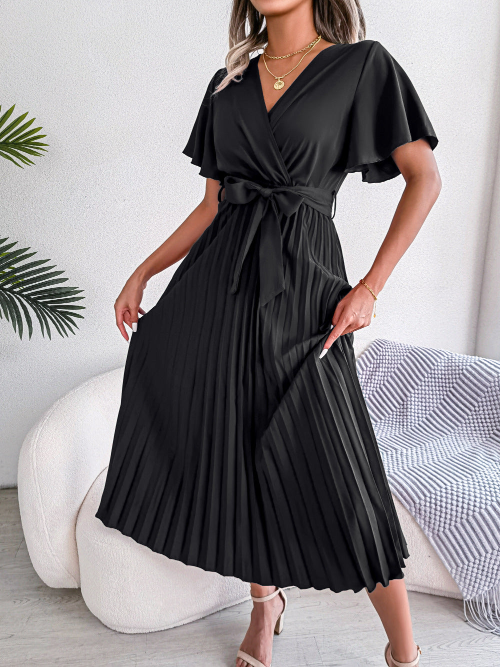 Femmes Robe longue plissée fluide élégante col V croisé