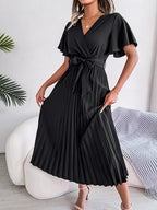 Femmes Robe longue plissée fluide élégante col V croisé