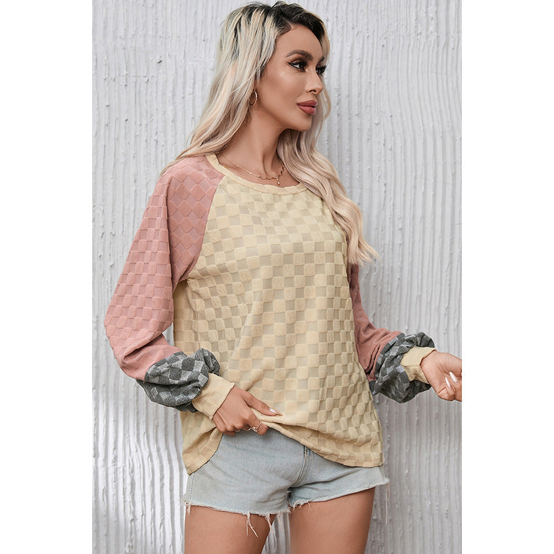 Pull ample en maille texturée à carreaux pour femmes