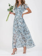 Robe courte à imprimé floral manches courtes Mode d'été Robes de plage à volants Vêtements pour femmes