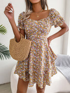 Robe Courte Femme Mini Robe Tempérament Grand Balançoire Ourlet Ample Imprimé Floral Robe Froncée Manches Courtes Taille Haute Robe D'Été Vêtements
