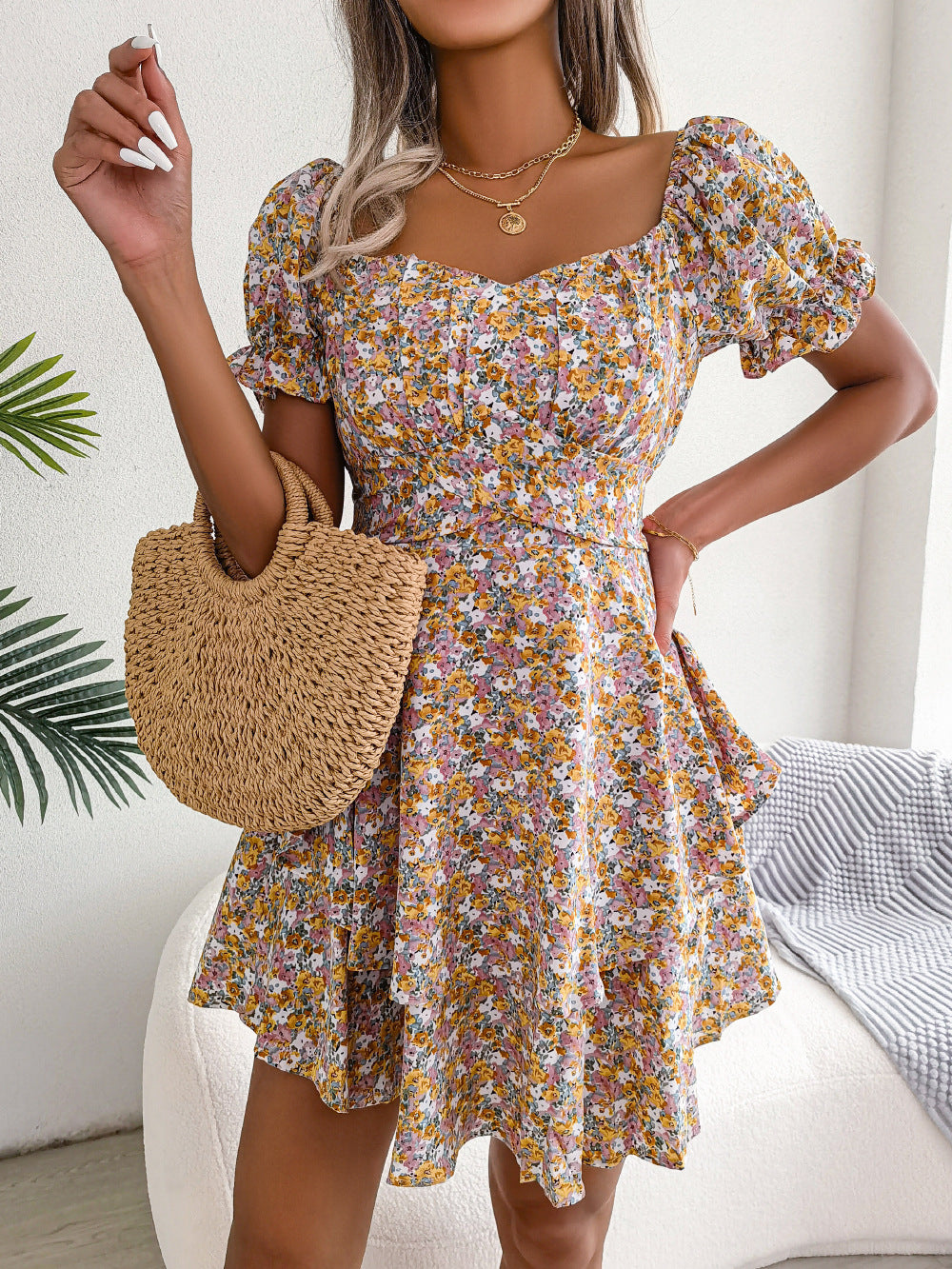 Robe Courte Femme Mini Robe Tempérament Grand Balançoire Ourlet Ample Imprimé Floral Robe Froncée Manches Courtes Taille Haute Robe D'Été Vêtements