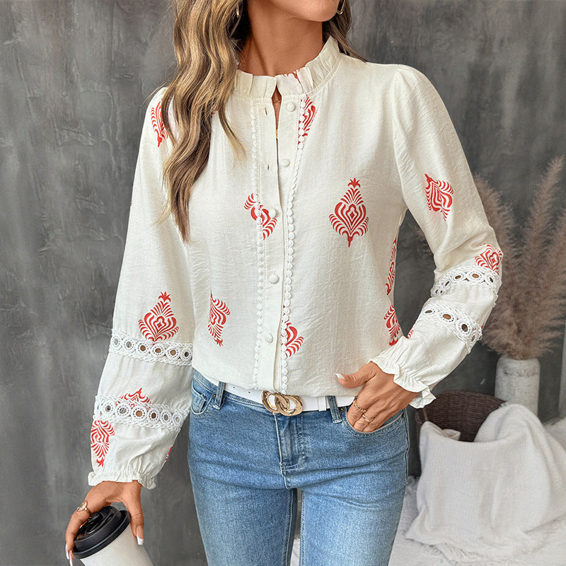 Chemise à Col Montant Imprimé Ethnique Pour Femme