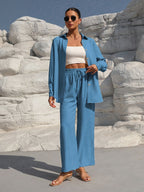 Ensemble Deux Pièces Femme Grande Taille Cardigan Manches Longues Élégant Costume Décontracté Couleur Unie