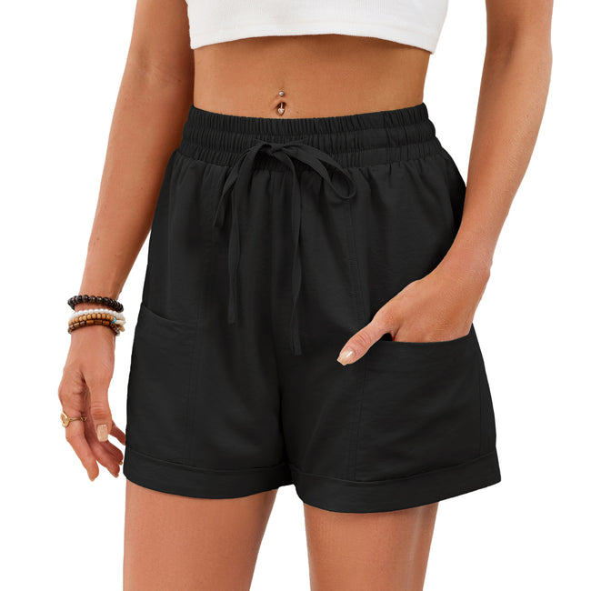 Short ample uni avec poches, taille élastique et cordon de serrage pour femme Main Image
