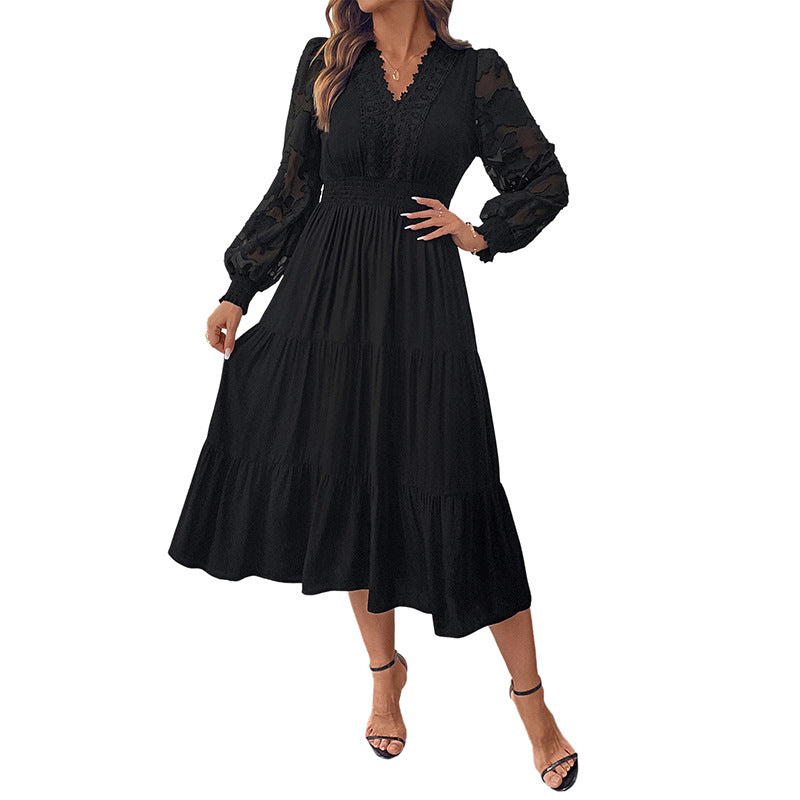 Robe Femme Chic et Élégante Col V Taille Serrée Dentelle Manches Longues Couleur Unie