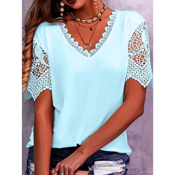 Tops en dentelle femme été col en V ample manches courtes chemises décontractées