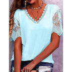 Tops en dentelle femme été col en V ample manches courtes chemises décontractées