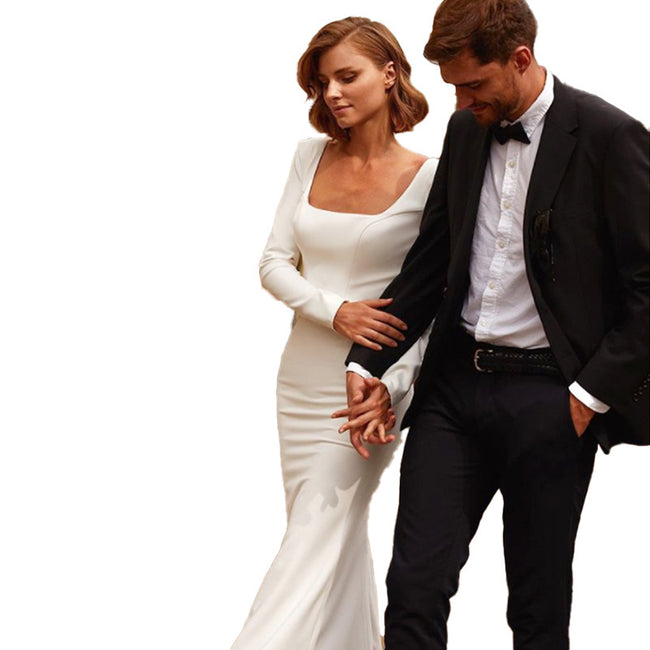 Simple Graceful Bridal Fishtail White Satin Long Sleeve Wedding Dress Main Image
