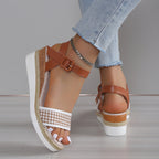 Sandales à imprimé pied-de-poule pour femme, chaussures habillées d'été à boucle