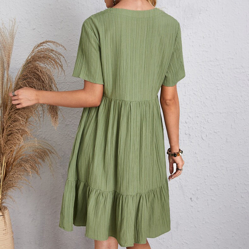 Robe d'été décontractée ample à volants à col en V et manches courtes pour femme, idéale pour la plage