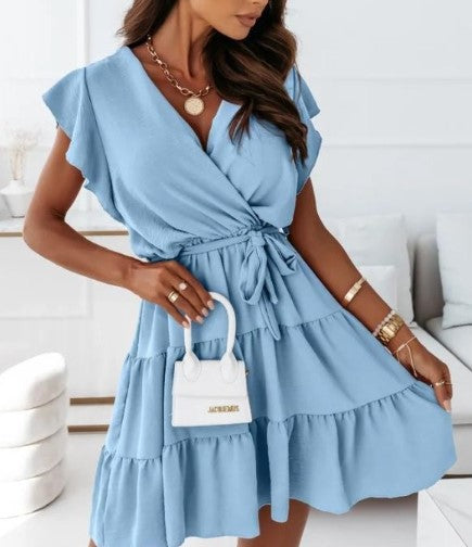 Nouvelle Robe d'Été Femme Unie Col en V Pull Sangle Taille Cintrée Manches Courtes Couture Grande Balançoire