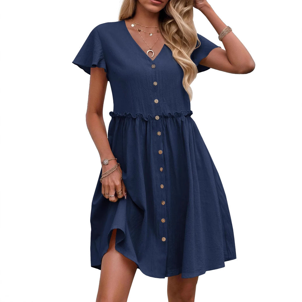 Robe de plage en coton et lin avec poches, manches papillon et boutonnage