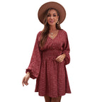 Robe longue à manches longues imprimé pois col en V manches lanternes taille plissée coupe ajustée évasée Vêtements pour femmes