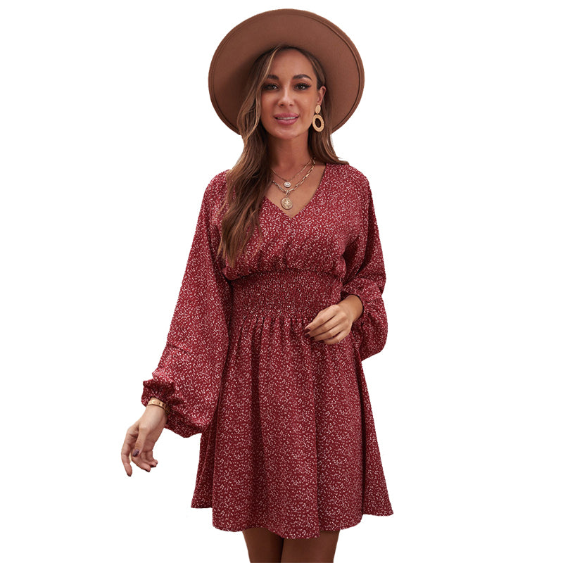 Robe longue à manches longues imprimé pois col en V manches lanternes taille plissée coupe ajustée évasée Vêtements pour femmes