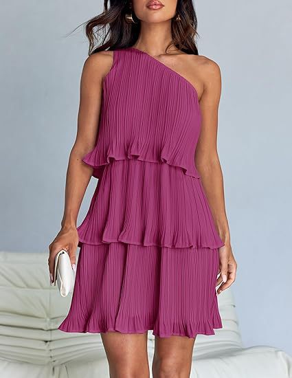 Robe décontractée pour femme, à une épaule dénudée, ourlet à volants superposés, couleur unie simple, taille haute confortable, pour l'été et la rue