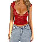 Ensemble deux pièces de lingerie camisole en dentelle transparente pour femme avec haut à manches longues
