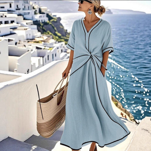 Robe Longue D'été Imprimée Rayures Décontractée Plage Vacances Manches Courtes Vêtements Femme