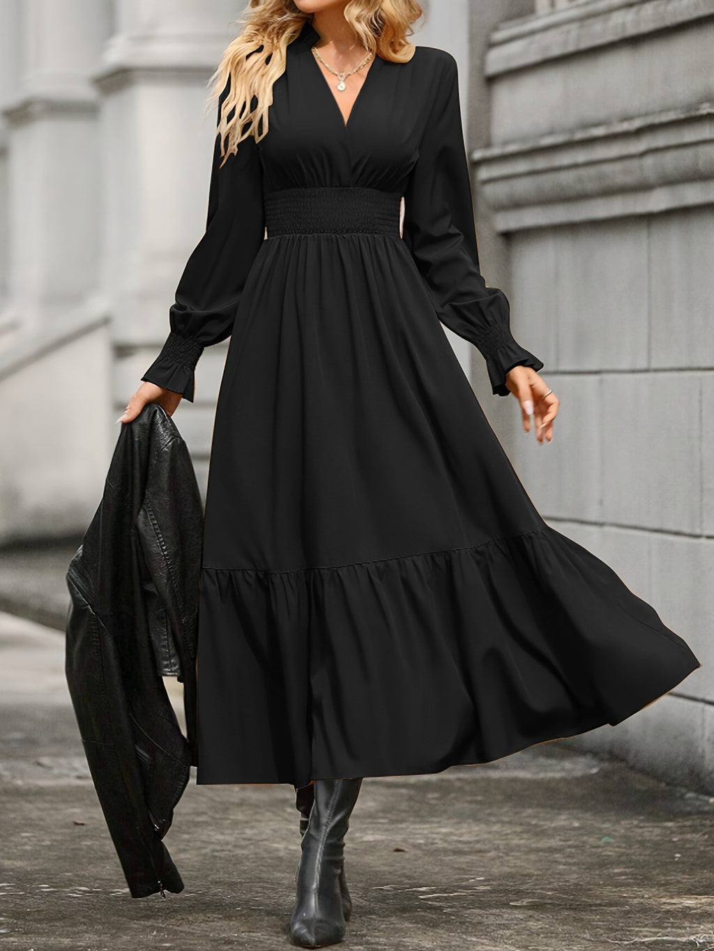 Robe femme col V manches longues lanterne