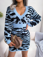 Robe pull froncée à imprimé tigre et manches lanternes pour femmes