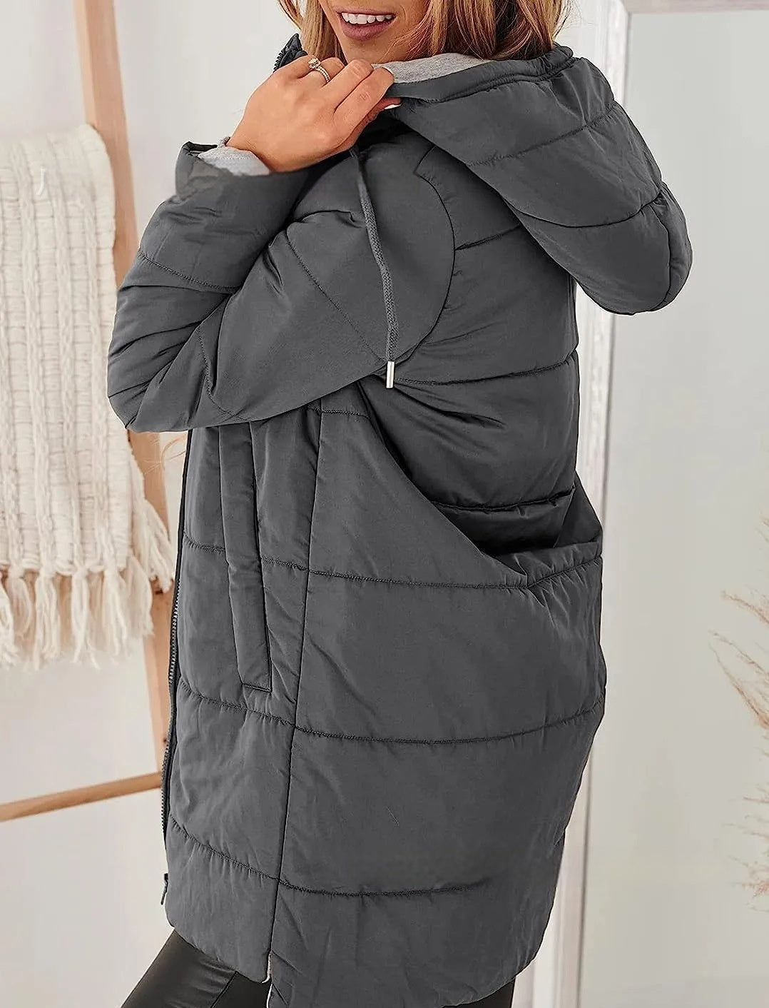 Manteau Long en Coton Uni avec Capuche et Poches pour Femme