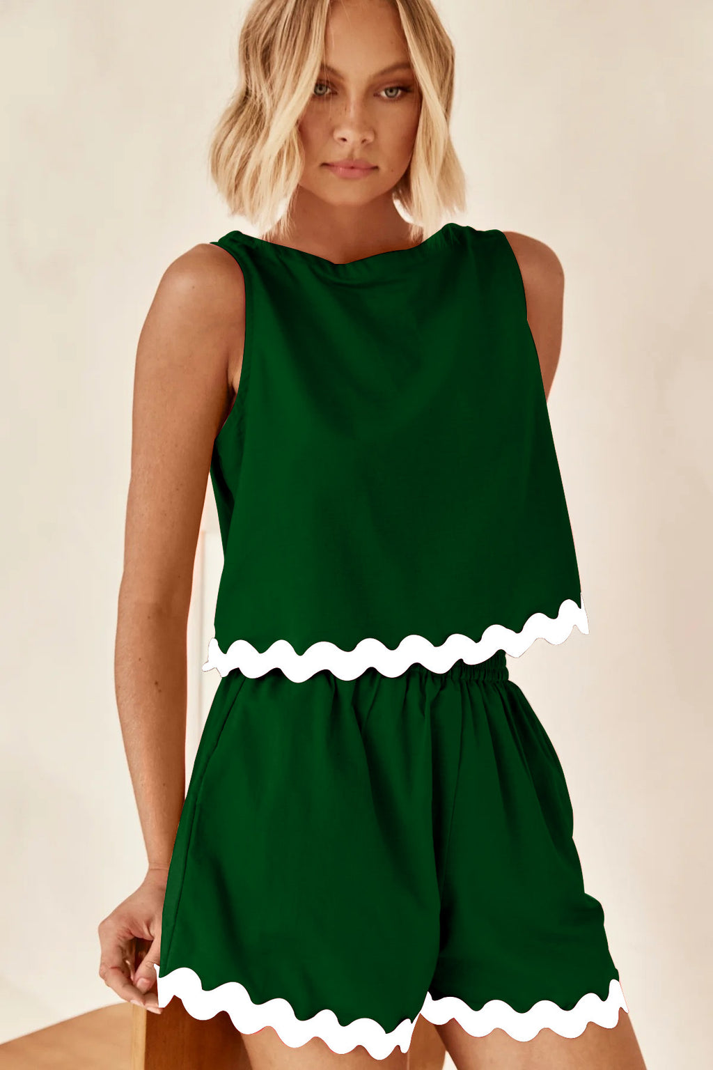 Ensemble Imprimé New Wave Débardeur Sans Manches Et Short Confortable Décontracté Couleur Unie 2 Pièces Pour Vêtements Femme