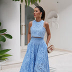 Élégance Vêtement Féminin Robe Longue sans Manches Broderie Dentelle Combinaison de Vacances Ensemble Deux Pièces