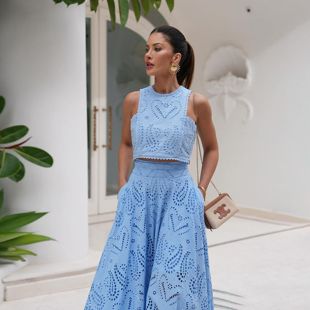Élégance Vêtement Féminin Robe Longue sans Manches Broderie Dentelle Combinaison de Vacances Ensemble Deux Pièces