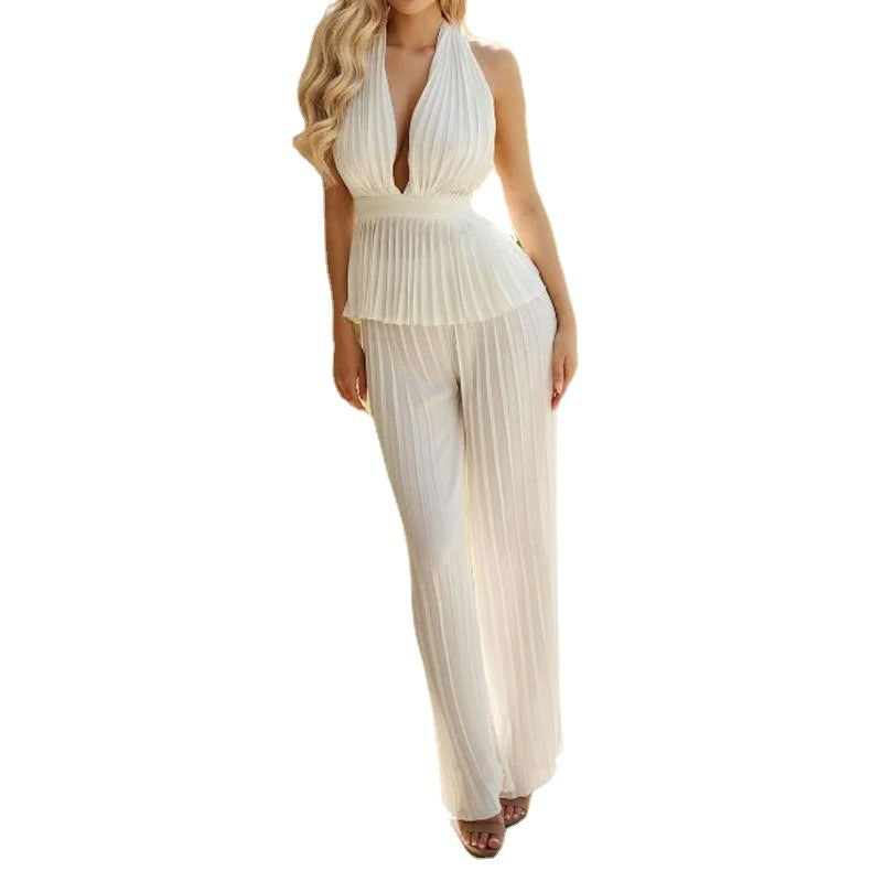 Ensemble deux pièces élégant pour femme, haut ample et pantalon de couleur unie
