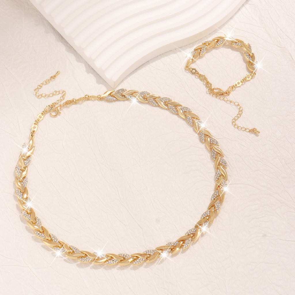 Parure Collier et Bracelet Femme avec Feuilles en Verre et Strass Élégants, Bijoux de Luxe à la Mode