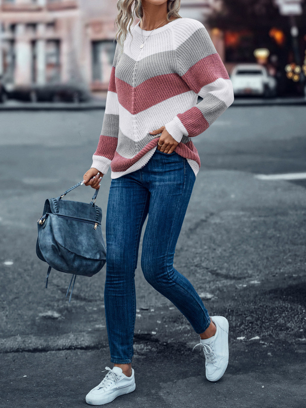 Pull décontracté à col rond et rayures pour femme