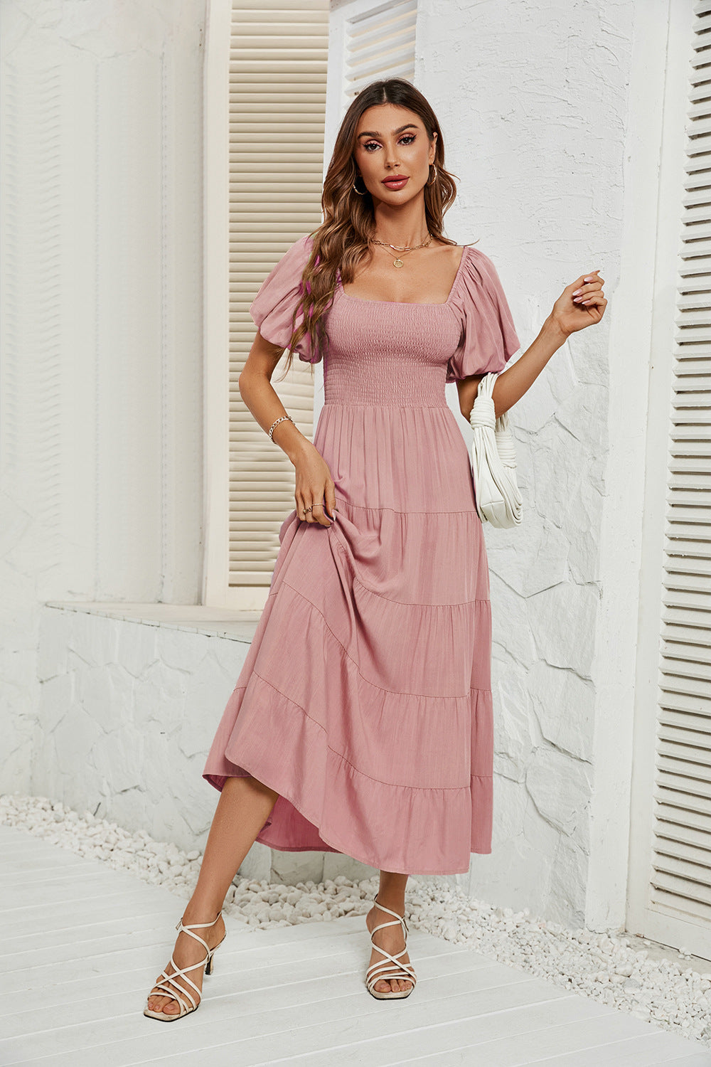 Robe d'été à col carré et dos nu, manches bouffantes, pour femmes
