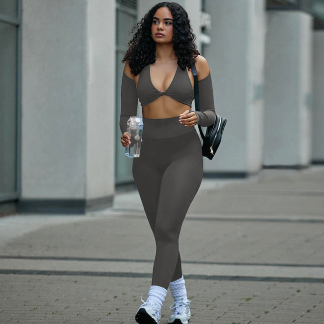 Ensemble trois pièces pantalon et top enveloppant à manches longues, couleur unie, coupe ajustée, costume de sport Main Image