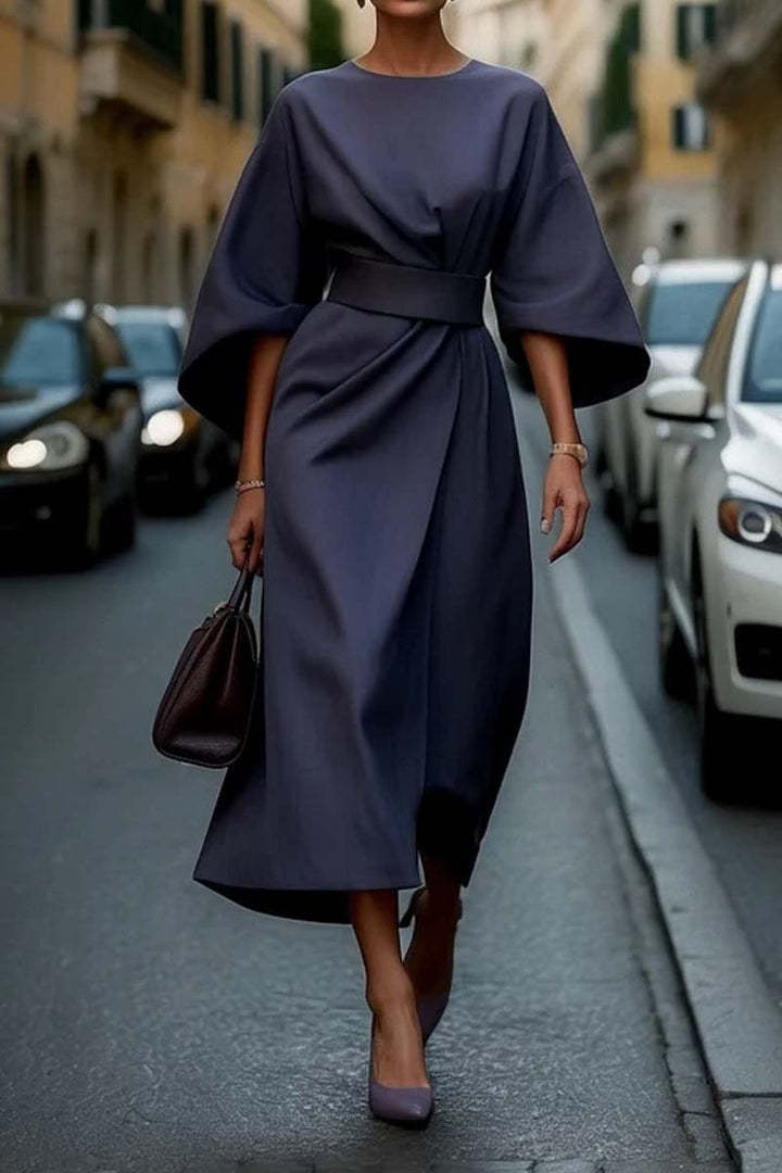 Robe Ample à Manches Chauve-souris, Taille Cintrée, Couleur Unie, Robes Élégantes pour Femme