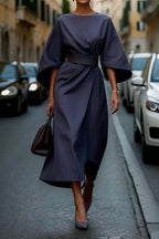 Robe Ample à Manches Chauve-souris, Taille Cintrée, Couleur Unie, Robes Élégantes pour Femme