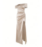 Élégante robe longue fendue en satin à épaules dénudées, robe de soirée de mariage extra longue, robe de soirée de Noël, robe de demoiselle d'honneur