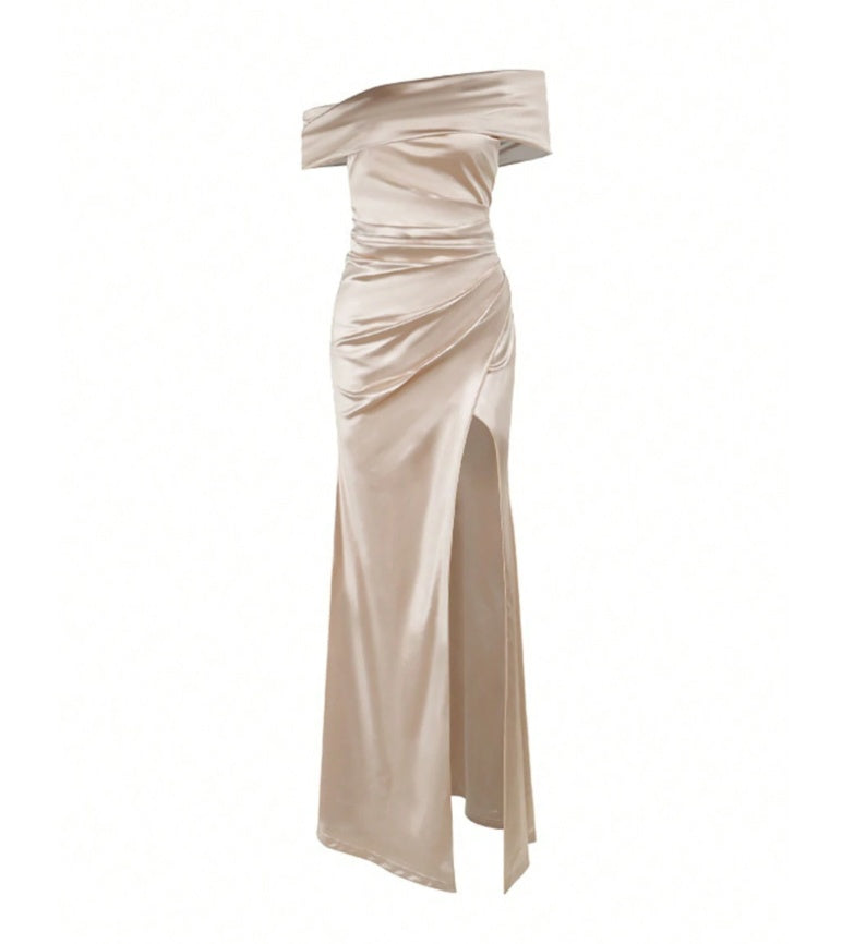 Élégante robe longue fendue en satin à épaules dénudées, robe de soirée de mariage extra longue, robe de soirée de Noël, robe de demoiselle d'honneur