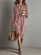Robe Décontractée Chic à Col Rabattu et Boutons, Robe de Soirée Simple Unie pour Femmes Printemps Automne, Robe Longue à Manches pour Dames en Vacances