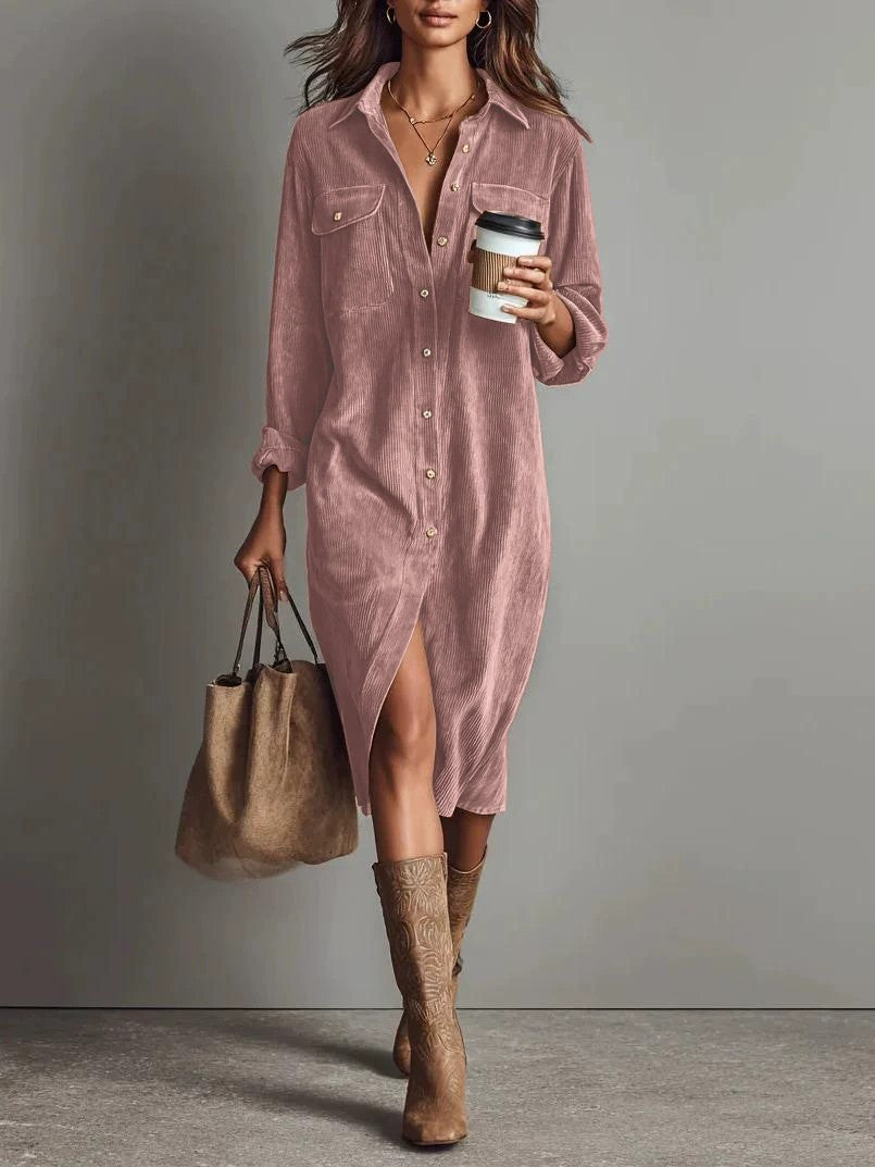 Robe Décontractée Chic à Col Rabattu et Boutons, Robe de Soirée Simple Unie pour Femmes Printemps Automne, Robe Longue à Manches pour Dames en Vacances