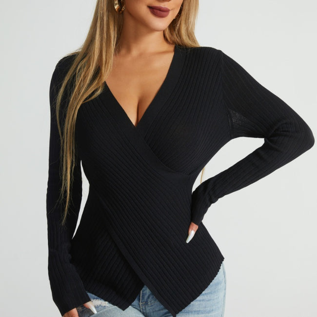 Nouveau pull croisé irrégulier pour femme, haut chic Hover Image