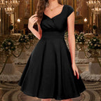 Robe mi-longue rétro pour femme, à col en V et manches mi-longues