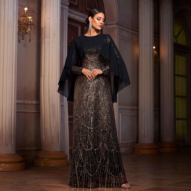 Elegant Long Sleeve Round Neck Shawl Banquet Sequined A- Line Evening Dress Hover Image