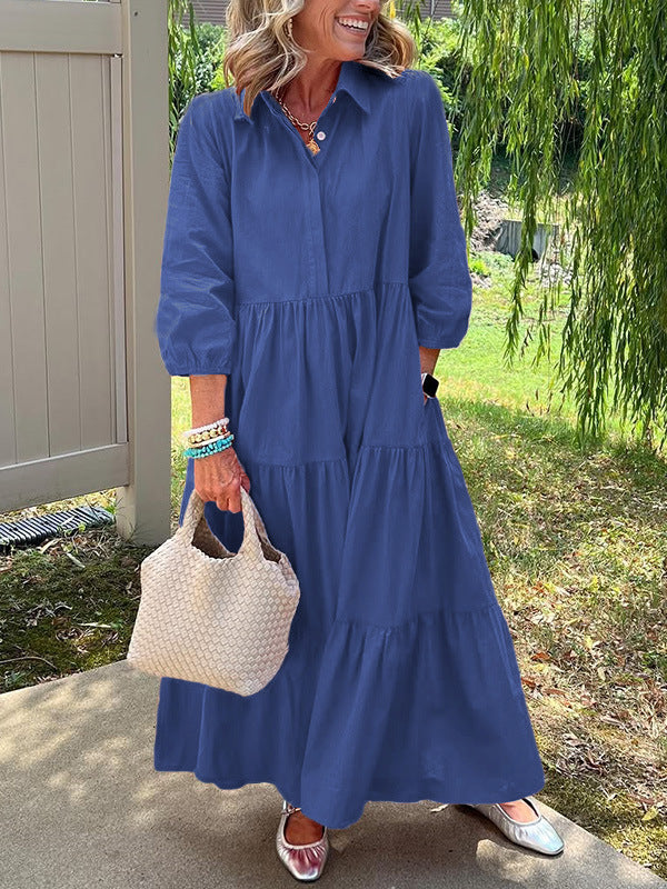 Robe ample décontractée à revers, manches mi-longues et grand tombé